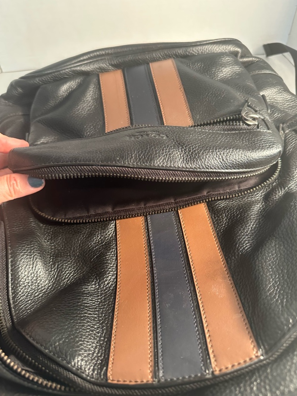 Coach Black Leather Backpack with Brown and Navy Stripe Detailing - Picture 14 of 16